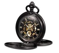 TREEWETO Pocket Watch Classic Smooth Double Case Mechanical Black Pocket Watches Steampunk Roman Numerals Fob Watch for Men Women with Chain + Gift Box