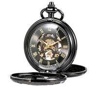 TREEWETO Pocket Watch Classic Smooth Double Case Mechanical Silver Pocket Watches Steampunk Roman Numerals Fob Watch for Men Women with Chain, black body with orange