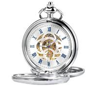 TREEWETO Pocket Watch Classic Smooth Double Case Mechanical Silver Pocket Watches Steampunk Roman Numerals Fob Watch for Men Women with Chain, Silver Blue