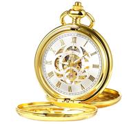 TREEWETO Pocket Watch Classic Smooth Double Case Mechanical Silver Pocket Watches Steampunk Roman Numerals Fob Watch for Men Women with Chain