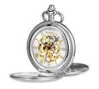 TREEWETO Pocket Watch Classic Smooth Double Case Mechanical Silver Pocket Watches Steampunk Roman Numerals Fob Watch for Men Women with Chain