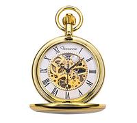 TREEWETO Pocket Watch Gold Smooth Case Skeleton Dial Mechanical Movement with Chain + Gift Box