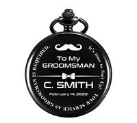 TREEWETO Pocket Watch - Personalized Engraved Groomsman Black Pocket Watches Quartz Fobwatch - Custom Groomsmen Gifts for Wedding or Proposal - Best Man Pocket Watch Wedding Gift