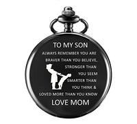 TREEWETO Pocket Watch Personalized Engraved MOM to Son for Christmas, Valentines Day, Birthday Quartz with Fob Chain Black