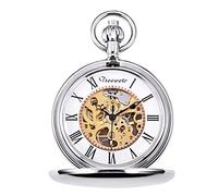 TREEWETO Pocket Watch Silver Smooth Case Skeleton Dial Mechanical Movement with Chain + Gift Box