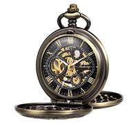 TREEWETO Pocket Watch Skeleton Hand-Wind Mechanical Double Case Bronze Roman Numerals Antique with Fob Chain Box