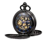 TREEWETO Pocket Watch Skeleton Hand-Wind Mechanical Double Case Golden Roman Numerals Antique with Fob Chain Box