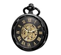 TREEWETO Pocket Watch Skeleton Open Face Men Antique Bronze Mechanical Hand-Wind with Chain Gift Box, Black
