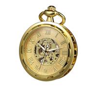 TREEWETO Pocket Watch Skeleton Open Face Men Antique Bronze Mechanical Hand-Wind with Chain Gift Box, Gold, Retro, Vintage