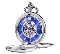 TREEWETO Pocket Watch - Smooth Double Case Series Skeleton Dial Delicate Mechanical Movement with Chain, Silver