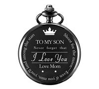 TREEWETO Pocket Watch to My Son | Mother and Son - Graduation Gifts for Him 2020 - Engraved “to My Son Love Mom” Pocket Watches - for Son from Mom for Christmas, Valentines Day, Birthday, Black