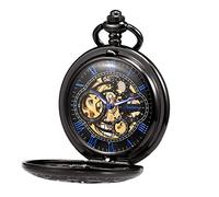 TREEWETO Pocket Watch with Chain Men's Analog Hand Winding Double Case Antique Gear Roman Numerals Black