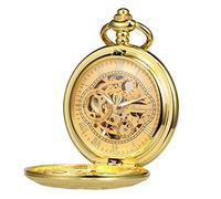 TREEWETO Pocket Watch with Chain Men's Analog Hand Winding Double Case Antique Gear Roman Numerals Gold