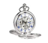 TREEWETO Silver Double Cover Roman Numerals Dial Skeleton Mens Women Pocket Watch