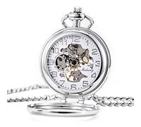 TREEWETO Steampunk Mechanical Pocket Watch for Men Women Silver Case Skeleton Dial with Chain +Box