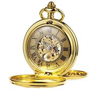 TREEWETO Unisex Pocket Watch Mechanical Double Cover Full Metal Alchemist Skeleton Steampunk for Men Women with Chain - Gold