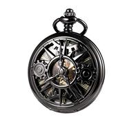 TREEWETO Unisex Pocket Watch with Chain Analogue Hand Winding Double Hinge Mechanical Gear Skeleton for Men Women Black