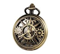 TREEWETO Unisex Pocket Watch with Chain Analogue Hand Winding Double Hinge Mechanical Gear Skeleton for Men Women Bronze