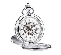 TREEWETO Unisex Pocket Watch with Chain Analogue Hand Winding Double Hinged Roman Numerals Gold/Silver, silver