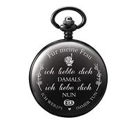 TREEWETO Women's Pocket Watch with Engraving Chain Black Gift for Birthday Wedding Anniversary Wife