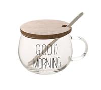 TREEWOO "Good Morning Mug for Coffee Dessert Milk Tea Yogurt Round Glass Cup Handgrip Drinkware with Bamboo Lid Tulip Ceramic Spoon