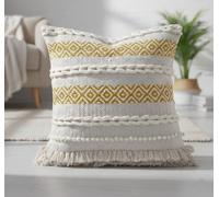 TreeWool Boho Cushion Cover (45x45cm, Muted Yellow, Pack of 1) Hand Woven Decorative Throw Pillow Cover with Braided Loops & Fringes - for Sofa & Living Room