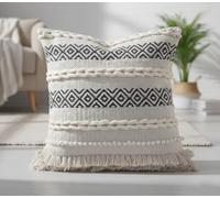 TreeWool Dark Grey Boho Cushion Cover 45x45cm [1 Piece] - Hand Woven Textured Cotton Throw Pillow Case with Braided Loops & Fringes; Decorative Scandi Style Pillow for Sofa & Bedroom