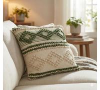 TreeWool Green Boho Diamond Accent Cushion Cover 45x45cm [1 Piece] - Handmade Woven Textured Cotton Throw Pillow Case; Decorative Geometric Pillow for Summer Home Decor & Living Room