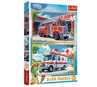 Trefl 2-in-1 Puzzle: The Treflik Family, Fire Brigade and Ambulance - 2 x 24 Pieces, Set of Two for Children from 3 Years