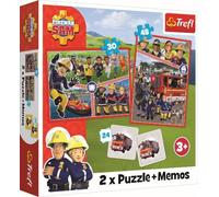 Trefl -Fireman Sam, Fireman Sams Team - 3-in-1: 2x Puzzles + Memory Game, Puzzle with Fireman Sam's Heroes, 30 and 48 Elements, Various Difficulty Levels, 24 Memos, Fun for Children from 3 Years