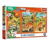 Trefl 3-in-1 Puzzle: The Treflik Family, Trefliks in the World of Dinosaurs - 3 x 80 Pieces, Three Puzzle Set for Children from 5 Years