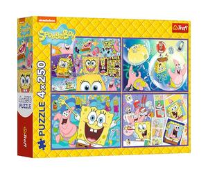 Trefl 4in1 Crazy World of SpongeBob-4 x 250 Pieces-Pack of Four Puzzles for Teenagers, Multicoloured, 13342