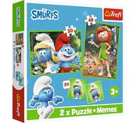 Trefl - The Smurfs, The Cheerful Smurfs - 3in1: 2x Puzzle + Memory Game, 30 and 48 Pieces, Different Difficulty Levels, 24 Memory Cards, Game for Children from 3 Years