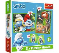 Trefl - The Smurfs, The Cheerful Smurfs - 3in1: 2x Puzzle + Memory Game, 30 and 48 Pieces, Different Difficulty Levels, 24 Memory Cards, Game for Children from 3 Years