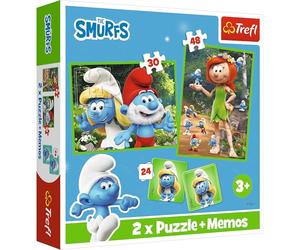 Trefl - The Smurfs, The Cheerful Smurfs - 3in1: 2x Puzzle + Memory Game, 30 and 48 Pieces, Different Difficulty Levels, 24 Memory Cards, Game for Children from 3 Years