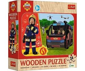Trefl - Wooden Puzzle: Fireman Sam, Amazing Firefighter - 24 Elements, Wooden Puzzle, Rounded Edge, Decorative Pattern on the Reverse, for Children from 3 years old