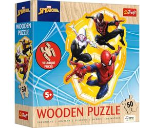 Trefl - Wooden puzzle: Marvel Spiderman, Spider-Man action-ready | 50 pieces, wooden puzzle, irregular shapes, 10 figures, modern puzzle for children aged 5 and over