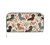 TREJUKY Retro Video Game Pattern Wallet for Men Women Elegant Long Clutch Zip Around Travel Leather Coin Purse Large Capacity Credit Card Holder Handbag, Dachshund Sausage Dogs Pink Flowers Print, One