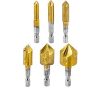 Treki 6 Pcs Countersink Drill Bit Set, 5 Flute 82 Degree High Speed Steel Chamfering Countersink Bits 1/4 Inch Hex Shank Titanium Coated Center Countersunk Bits for Wood, Plastic Drilling 6mm-19mm