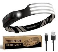 TREKKOUT LED Head Torch Rechargeable, 8H Long Battery 2000L Super Bright 230° Wide Beam Headlamp | IPX5 Waterproof Motion Sensor Headlight for Running, Camping, DIY & Work