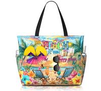 TREKTOTS Beach Bag for Women, Large Waterproof Sandproof Tote with Zipper, Foldable Lightweight Swim Bag for Beach Pool Gym, The Beach is My Happy Place, One Size