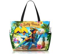 TREKTOTS Beach Bag for Women, Large Waterproof Sandproof Tote with Zipper, Foldable Lightweight Swim Bag for Beach Pool Gym, Salty Beach, One Size