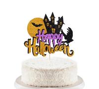 Trelsan Glitter Happy Halloween Cake Topper, Halloween Birthday Decorations for Bat Theme Birthday Party Supplies, Hallowe'en Horror Spooky Bday Party Decorations