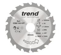 Trend 160mm 18T TCT Cordless Circular Saw Blade, 20mm Bore, Coarse | TCT Blade For Cordless Circular Saws, 160mm Diameter, 18 Teeth, 1.8mm Kerf And +20° Hook For Coarse Wood Cuts, CSB/16018T