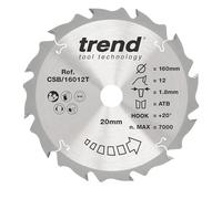 Trend Wood Cordless Circular Saw Blade, 160mm Diameter, 20mm Bore, 12 Teeth, 1.8mm Kerf, +20° Hook, TCT, Coarse Finish, CSB/16012T