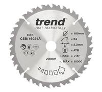 Trend 160mm Wood Circular Saw Blade, 20mm Bore, 24T, TCT, Medium Finish | For Clean Medium Finish Cuts In Wood, With 24 Teeth, 2.2 mm Kerf And +15° Hook, CSB/16024A