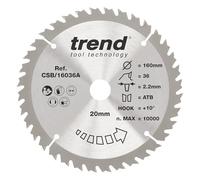 Trend Wood Circular Saw Blade, 160mm Diameter, 20mm Bore, 36 Teeth, 2.2mm Kerf, +10° Hook, TCT, Fine Finish, CSB/16036A