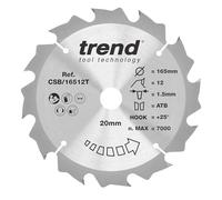 Trend Wood Cordless Circular Saw Blade, 165mm Diameter, 20mm Bore, 12 Teeth, 1.5mm Kerf, +25° Hook, TCT, Coarse Finish, CSB/16512T