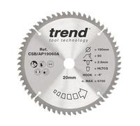 Trend Aluminium & Plastic Circular Saw Blade, 190mm Diameter, 20mm Bore, 60 Teeth, 2.8mm Kerf, -6° Hook, TCT, Extra-Fine Finish, CSB/AP19060A