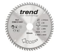 Trend Wood Circular Saw Blade, 216mm Diameter, 30mm Bore, 60 Teeth, 2.4mm Kerf, +15° Hook, TCT, Extra-Fine Finish, CSB/21660